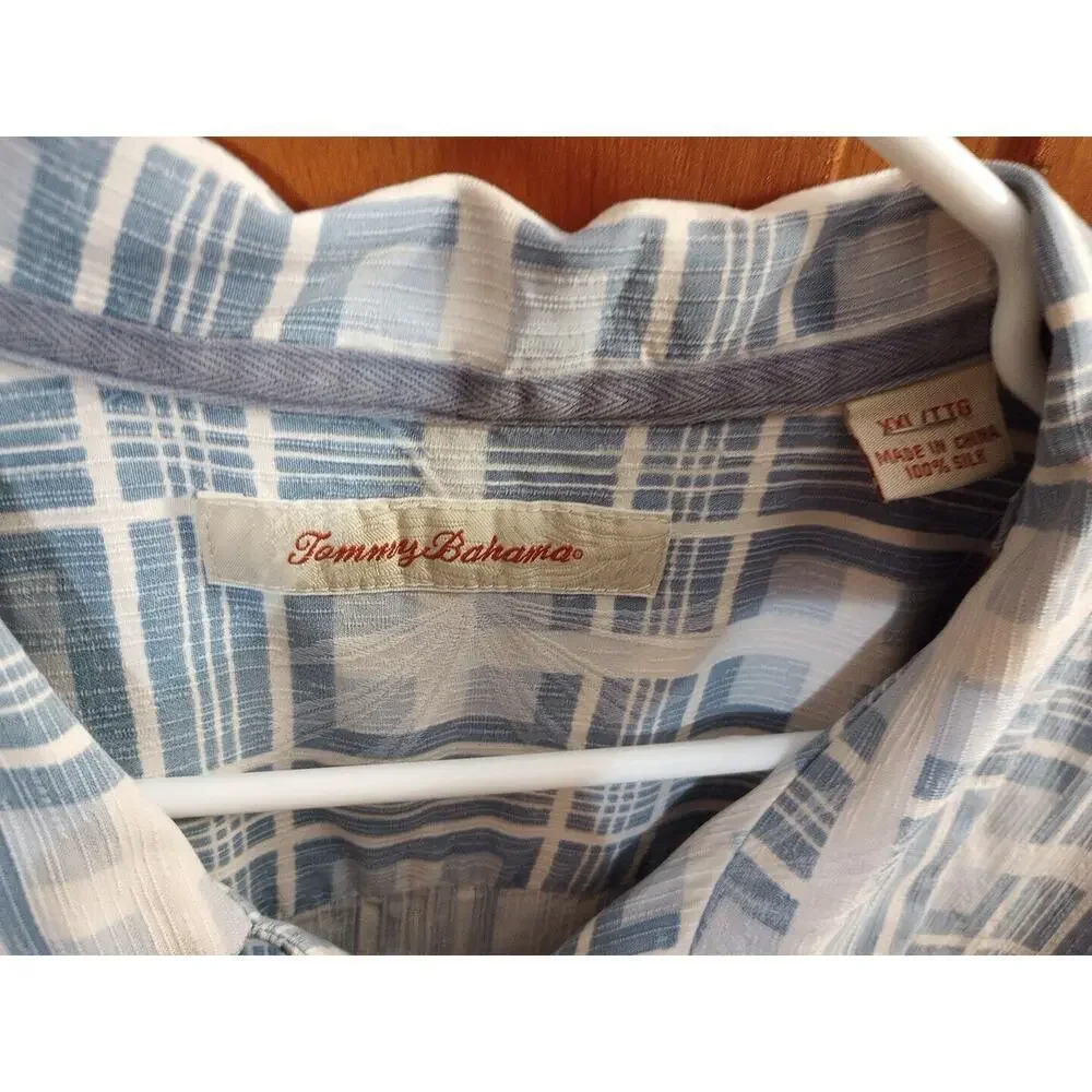 Tommy Bahama Silk shirt Textured‎ Short Sleeve Blue Square Print 2X-Large